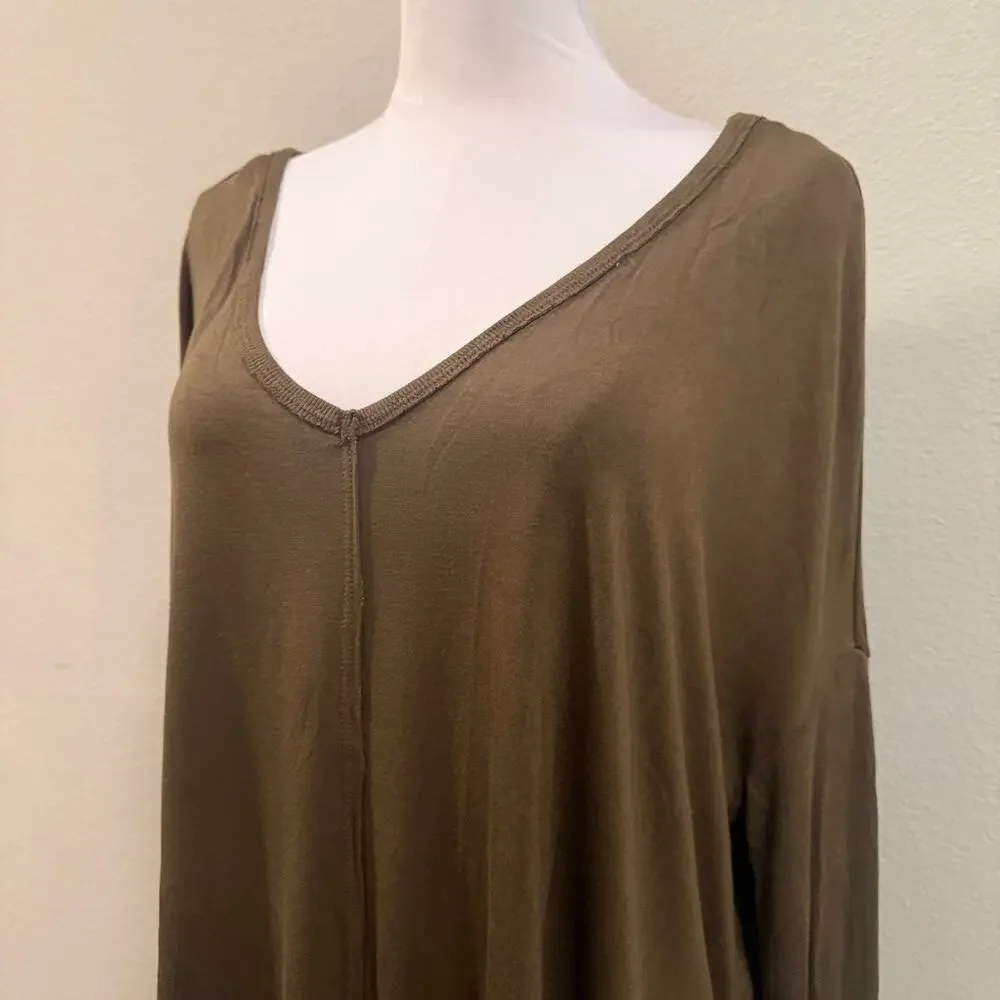 Free People Olive Green Moonshine V Neck Long Sleeve Tunic Top Oversized XS